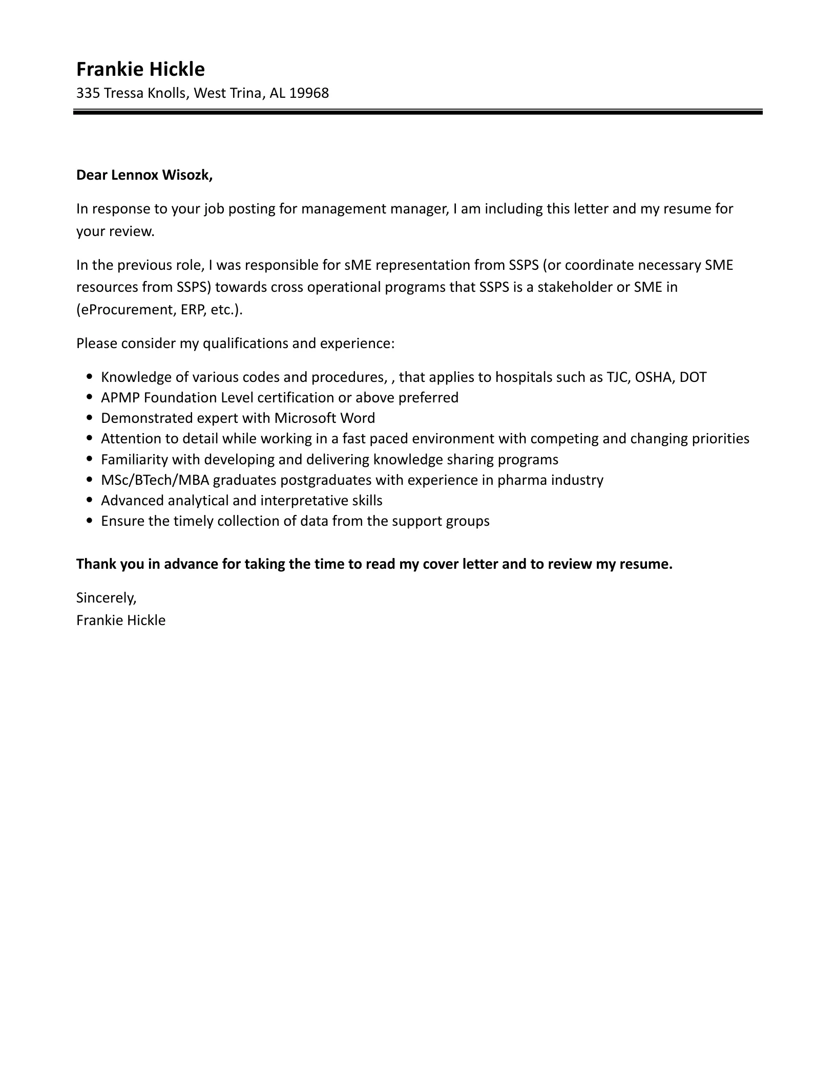35189 management job cover letter skills