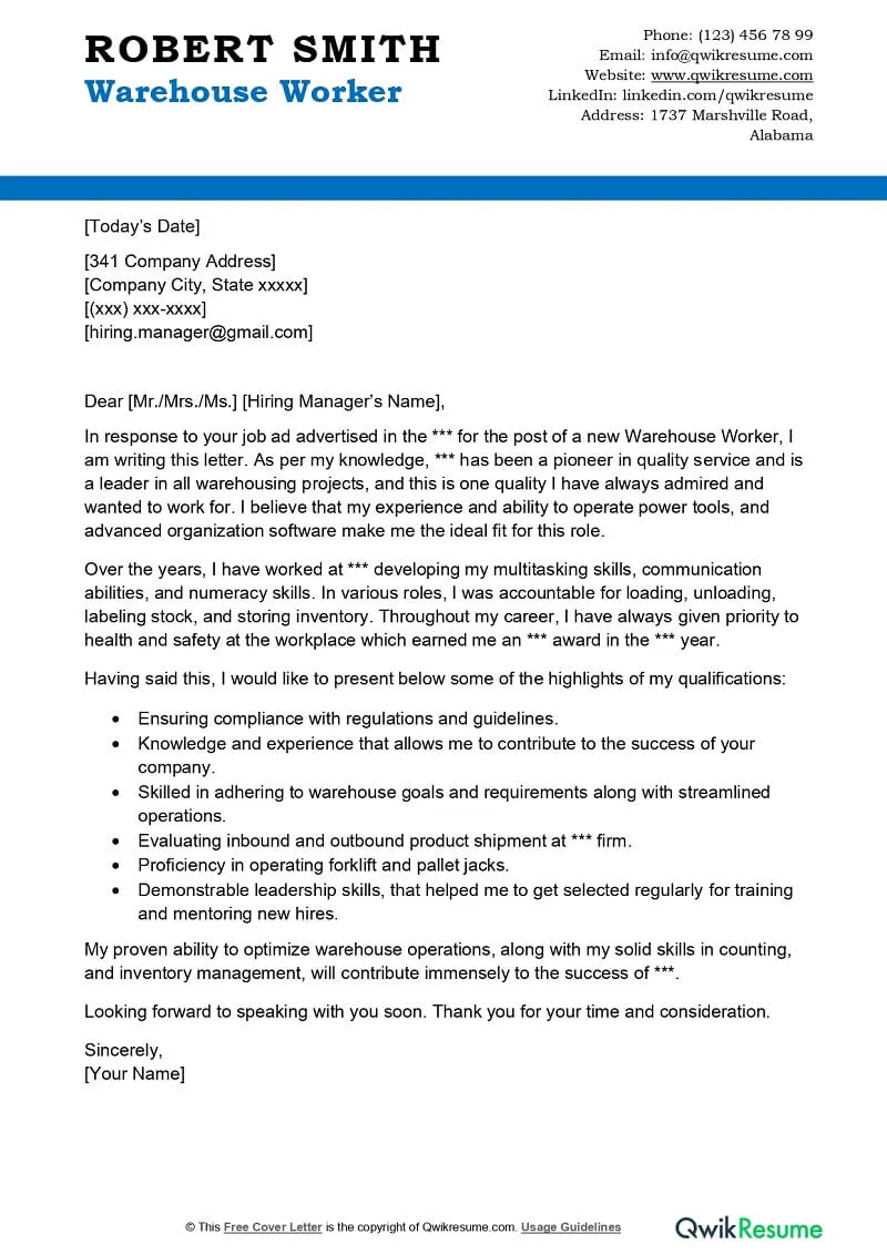 35237 warehouse cover letter skills