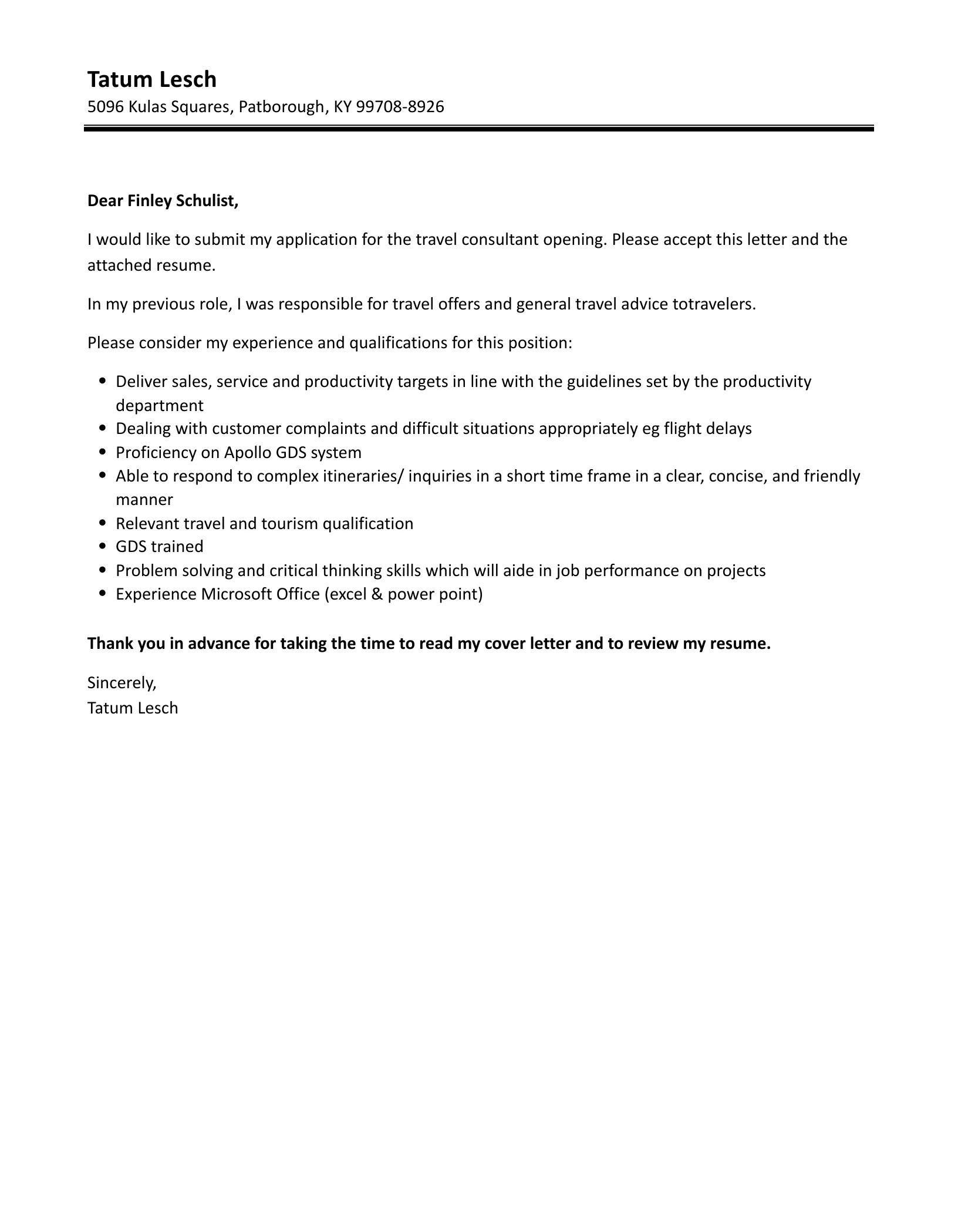 35265 cover letter travel consultant 5
