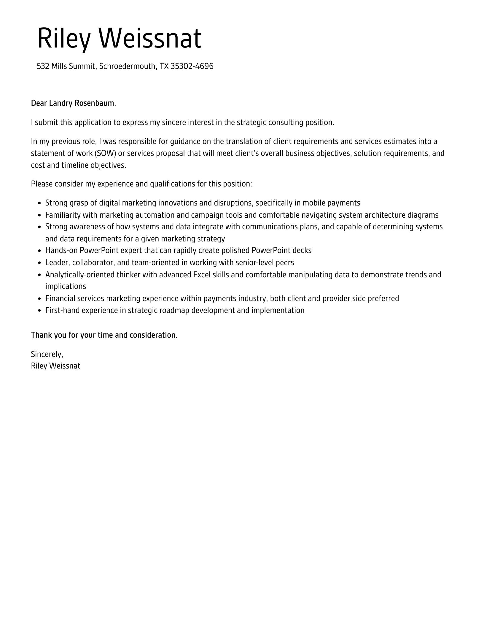 35306 strategic consulting cover letter industry knowledge